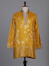 Mustard yellow silk kurta suit with white botanical motifs print