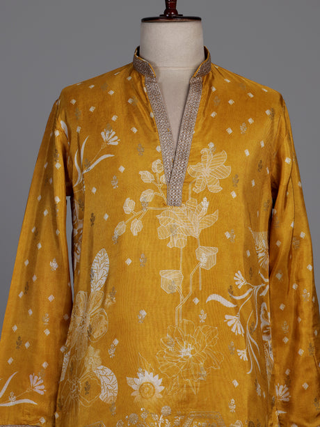 Mustard yellow silk kurta suit with white botanical motifs print