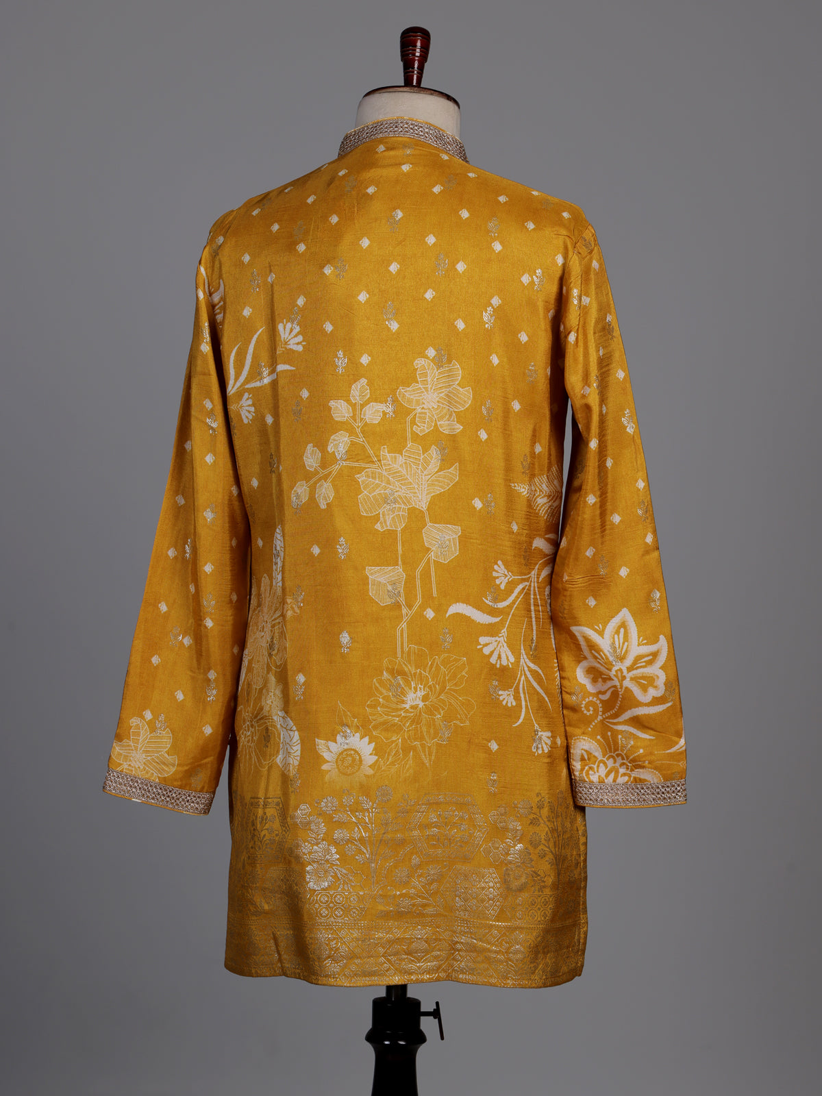 Mustard yellow silk kurta suit with white botanical motifs print