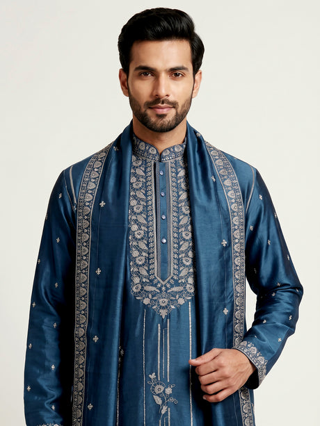 Deep teal silk kurta suit with golden embroidered neckline