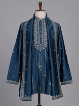 Deep teal silk kurta suit with golden embroidered neckline