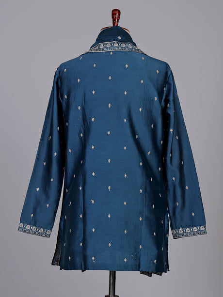 Deep teal silk kurta suit with golden embroidered neckline