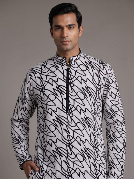 White linen kurta suit with black abstract doodle print