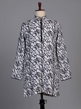 White linen kurta suit with black abstract doodle print
