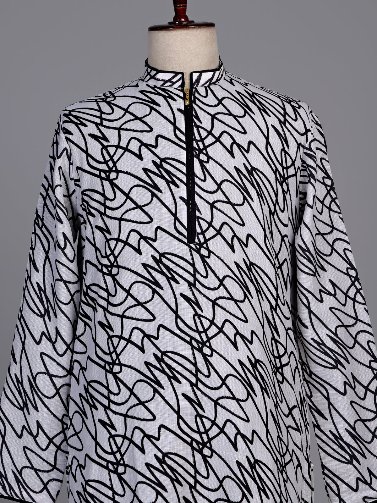 White linen kurta suit with black abstract doodle print