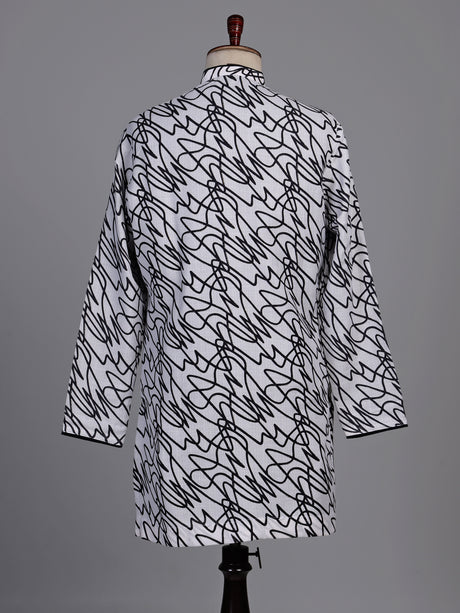 White linen kurta suit with black abstract doodle print