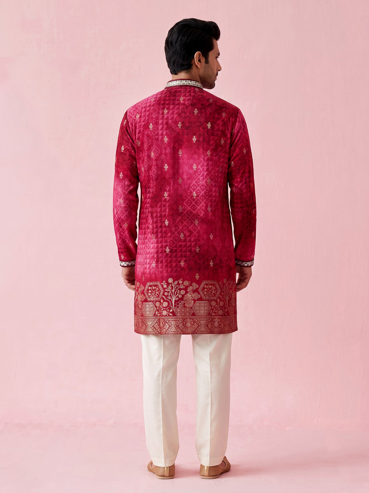 Rani pink bandhani silk kurta suit with mirror work detailing
