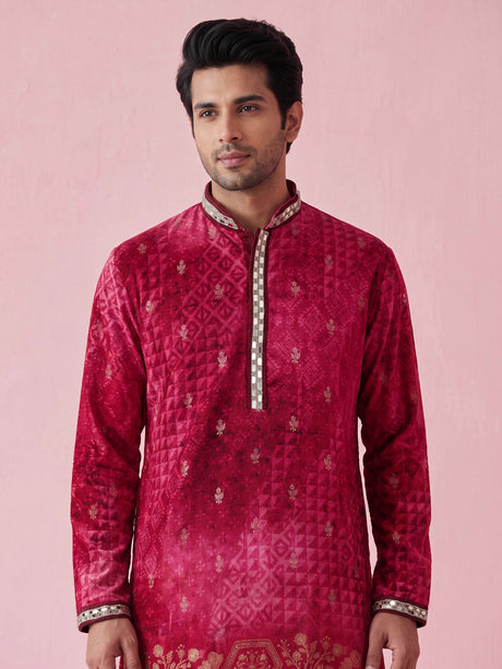 Rani pink bandhani silk kurta suit with mirror work detailing