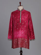 Rani pink bandhani silk kurta suit with mirror work detailing