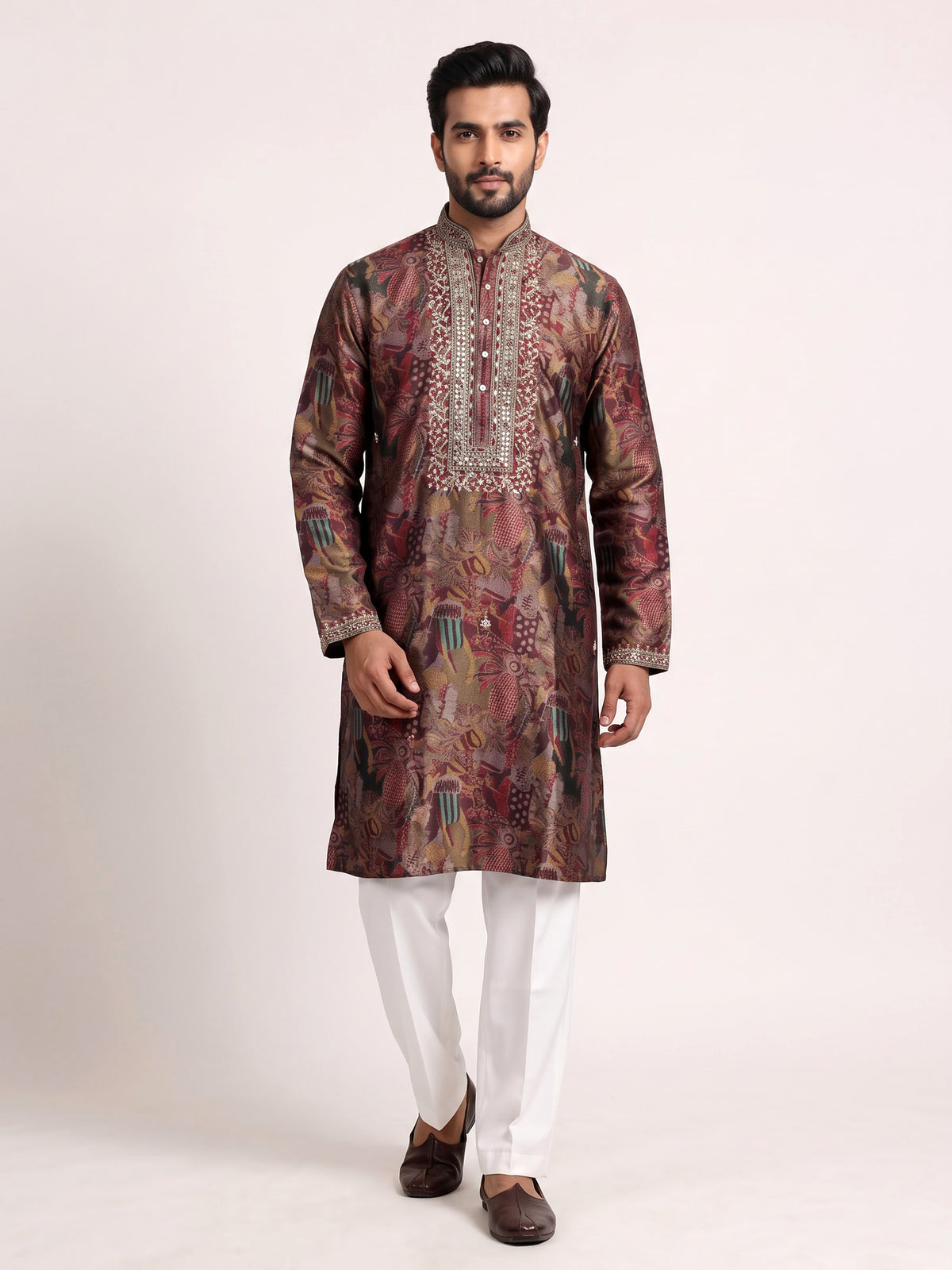 Multicolour tapestry print kurta suit with antique metallic embroidery