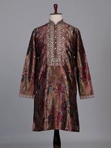 Multicolour tapestry print kurta suit with antique metallic embroidery