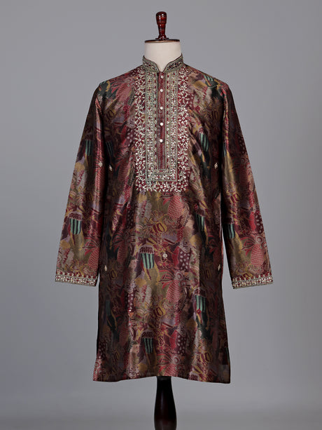 Multicolour tapestry print kurta suit with antique metallic embroidery