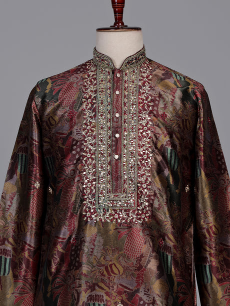 Multicolour tapestry print kurta suit with antique metallic embroidery