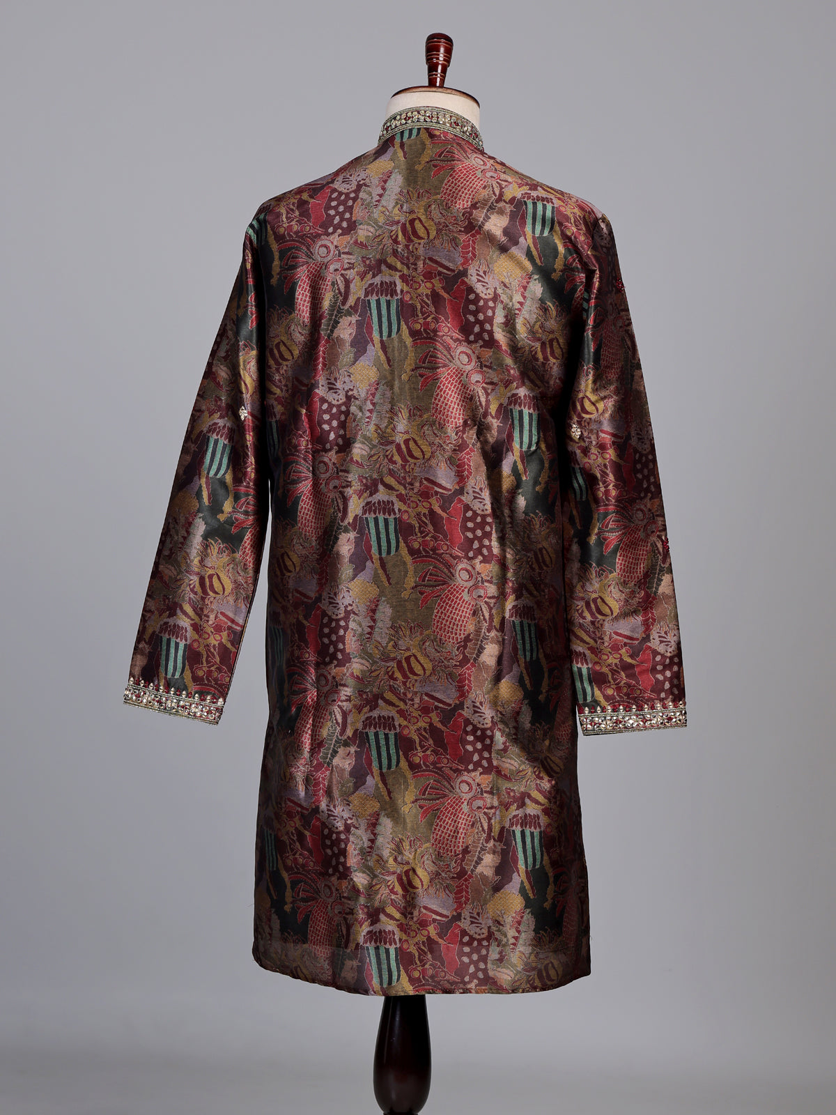 Multicolour tapestry print kurta suit with antique metallic embroidery