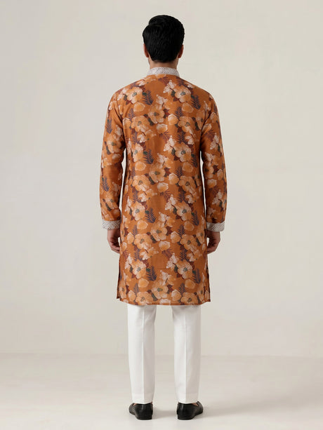 Mustard yellow silk kurta suit with floral print and mirror work
