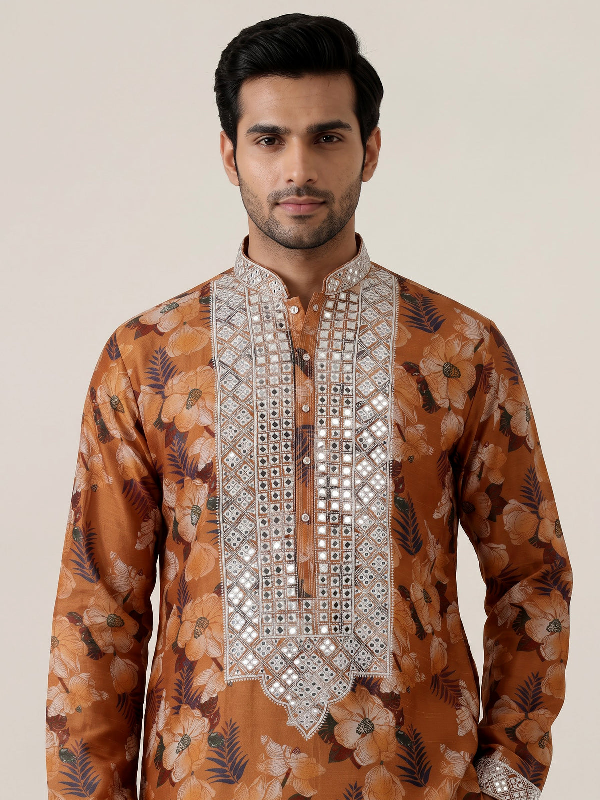 Mustard yellow silk kurta suit with floral print and mirror work