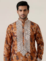 Mustard yellow silk kurta suit with floral print and mirror work