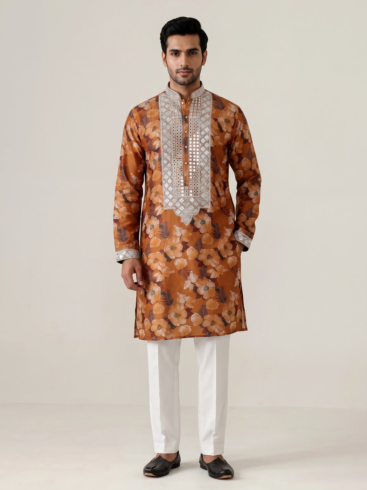 Mustard yellow silk kurta suit with floral print and mirror work