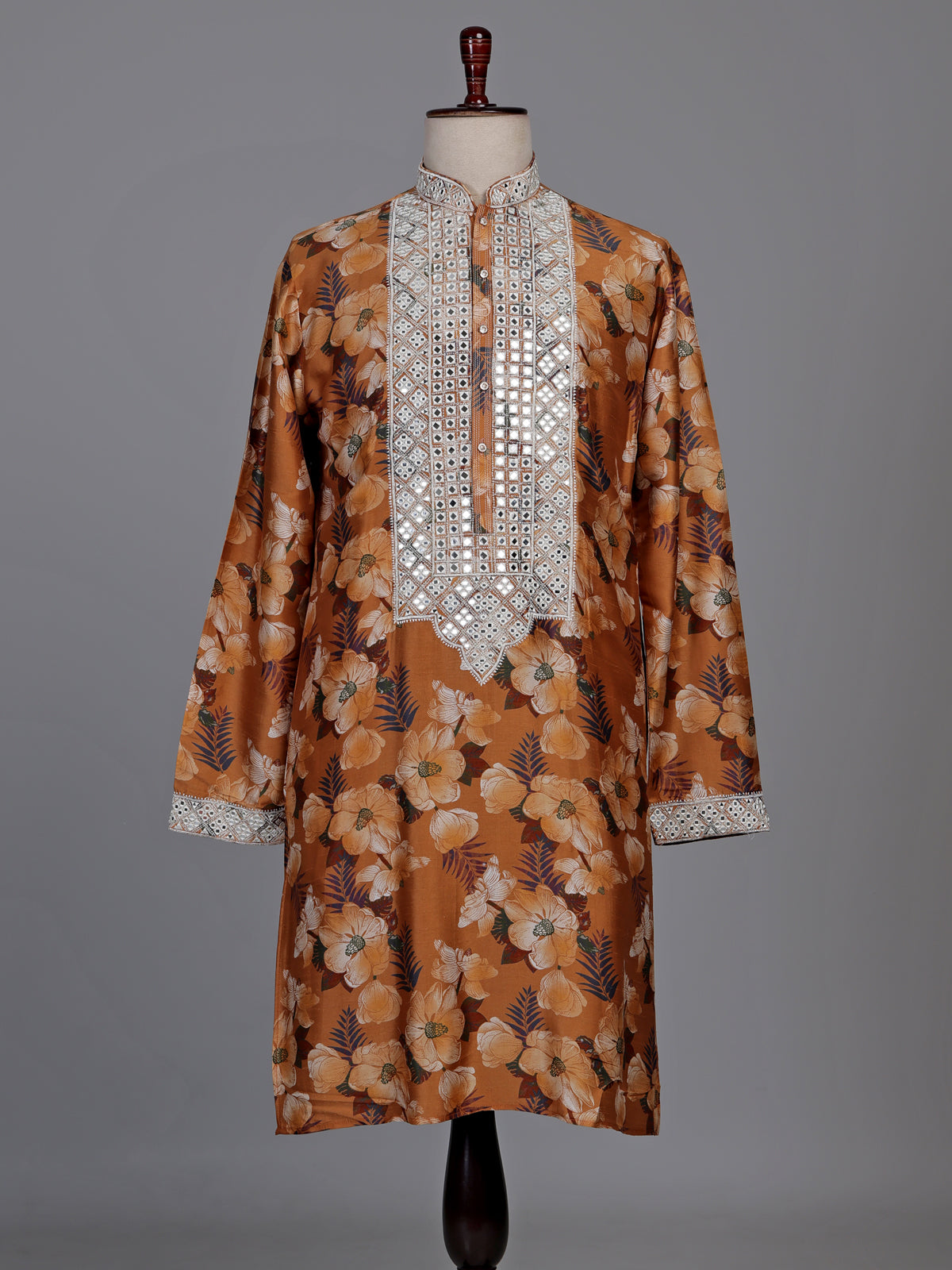 Mustard yellow silk kurta suit with floral print and mirror work