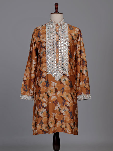Mustard yellow silk kurta suit with floral print and mirror work