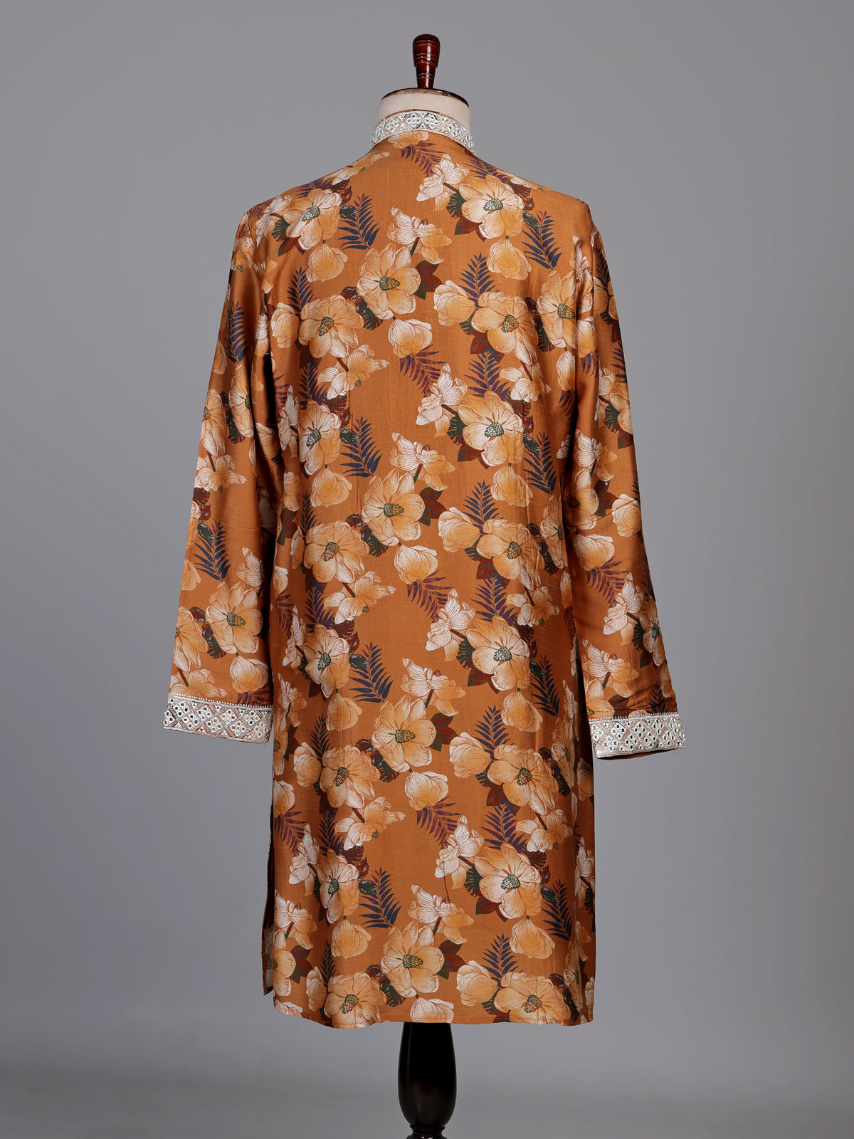 Mustard yellow silk kurta suit with floral print and mirror work