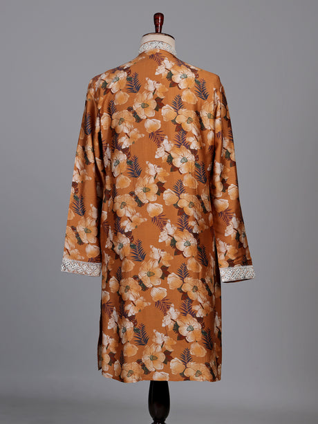 Mustard yellow silk kurta suit with floral print and mirror work