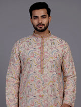 Off white embroidered kurta suit with pastel floral print