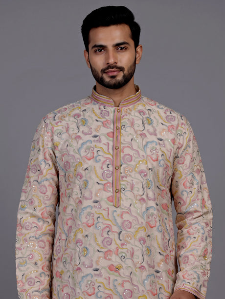 Off white embroidered kurta suit with pastel floral print