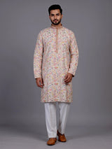 Off white embroidered kurta suit with pastel floral print