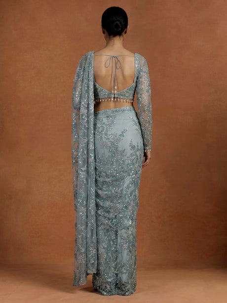 Elegant mint blue ready-to-wear saree with sequinned detailing