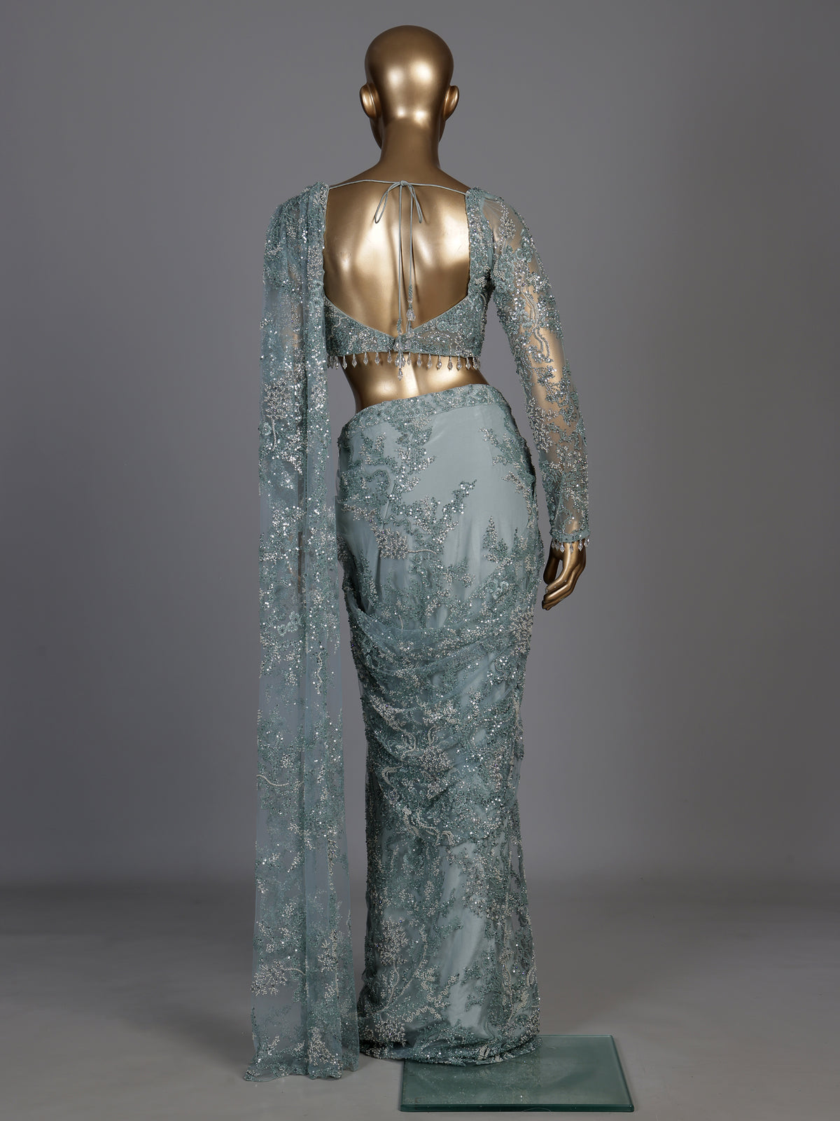Elegant mint blue ready-to-wear saree with sequinned detailing