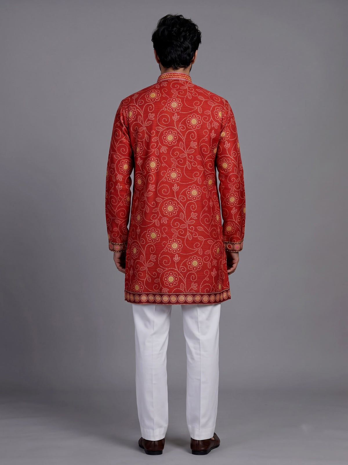 Crimson red bandhani silk kurta suit with gold pitta work