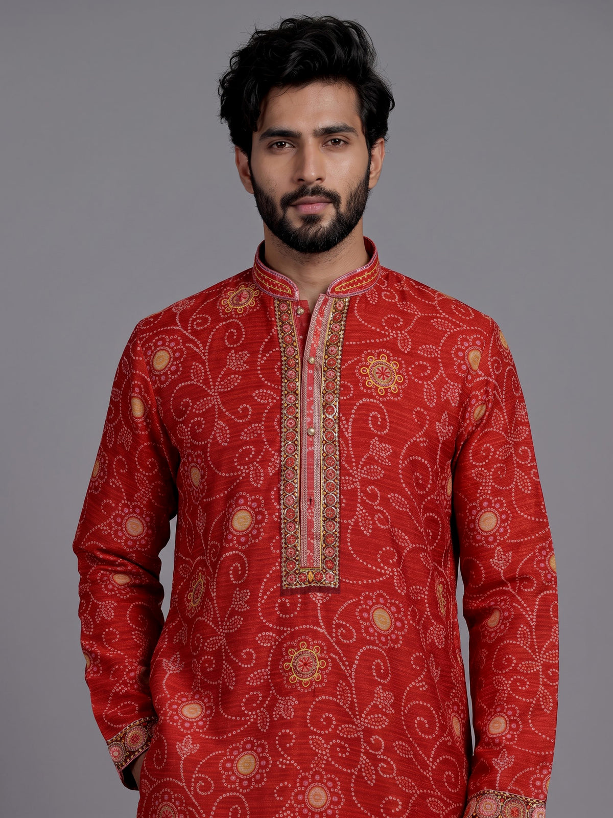 Crimson red bandhani silk kurta suit with gold pitta work