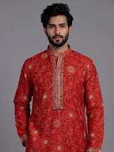 Crimson red bandhani silk kurta suit with gold pitta work