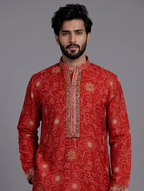 Crimson red bandhani silk kurta suit with gold pitta work