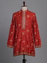 Crimson red bandhani silk kurta suit with gold pitta work