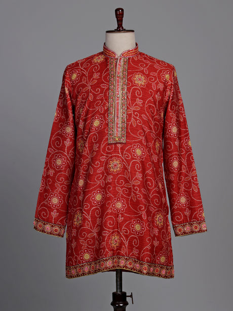 Crimson red bandhani silk kurta suit with gold pitta work
