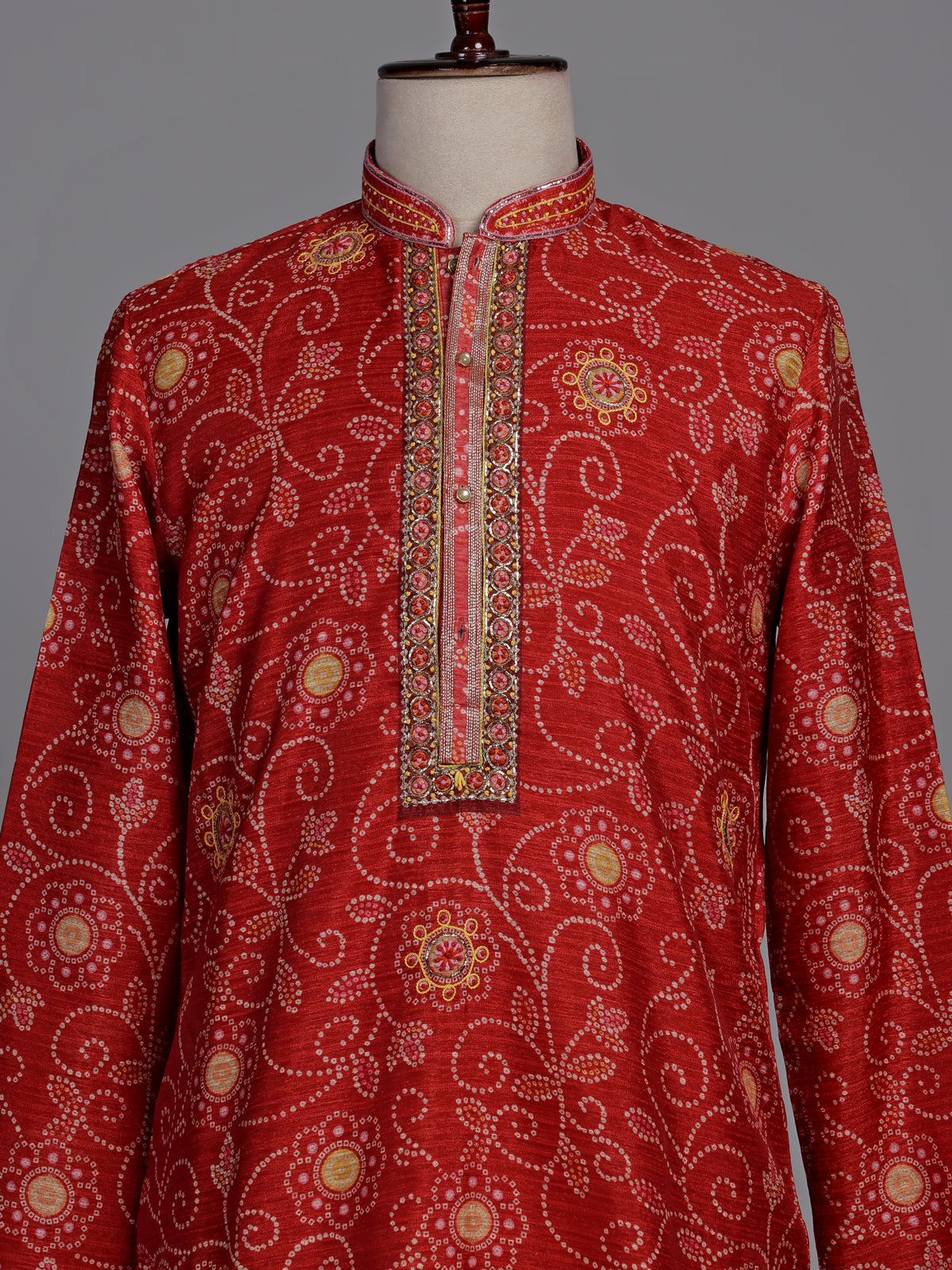 Crimson red bandhani silk kurta suit with gold pitta work
