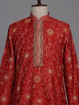 Crimson red bandhani silk kurta suit with gold pitta work