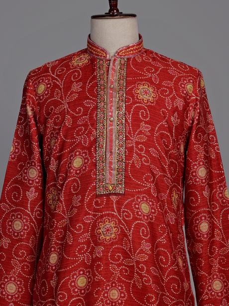 Crimson red bandhani silk kurta suit with gold pitta work