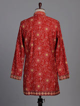 Crimson red bandhani silk kurta suit with gold pitta work