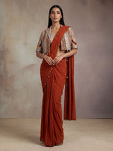 Regal deep orange ready-to-wear saree with embellished jacket blouse