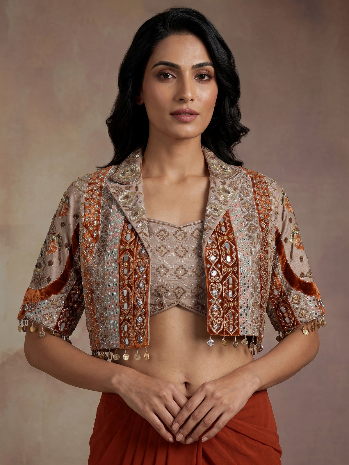 Regal deep orange ready-to-wear saree with embellished jacket blouse