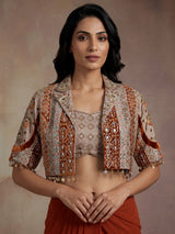 Regal deep orange ready-to-wear saree with embellished jacket blouse