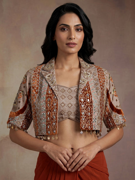 Regal deep orange ready-to-wear saree with embellished jacket blouse