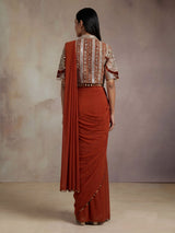 Regal deep orange ready-to-wear saree with embellished jacket blouse
