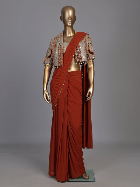 Regal deep orange ready-to-wear saree with embellished jacket blouse