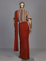 Regal deep orange ready-to-wear saree with embellished jacket blouse