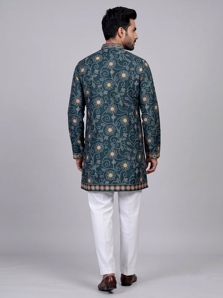 Bottle green bandhani silk kurta suit with multicolour thread work