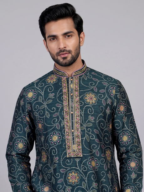 Bottle green bandhani silk kurta suit with multicolour thread work